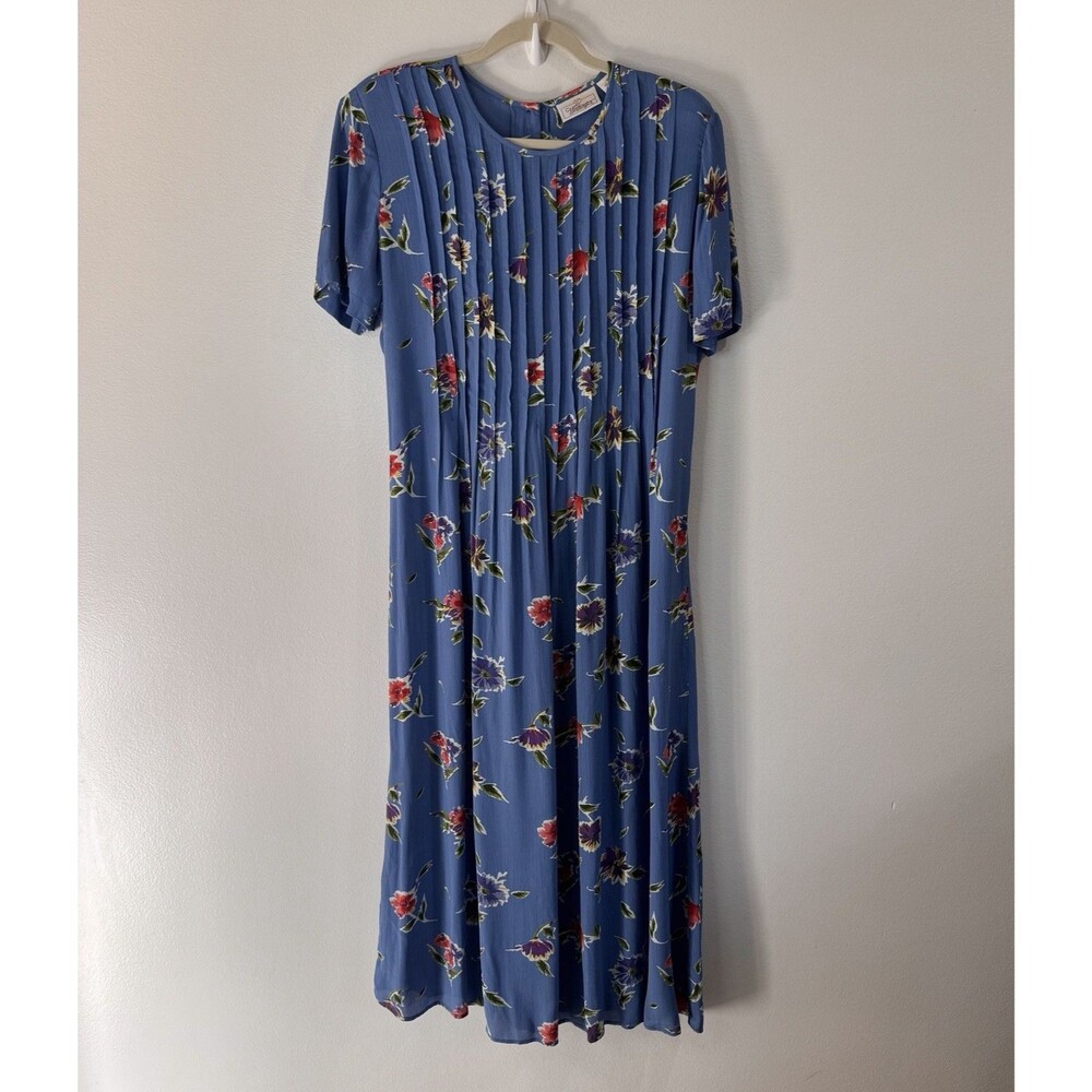 Vintage 90s Maxi Shirt Dress 14 Worthington Blue Floral Chiffon Pleated Tie Back